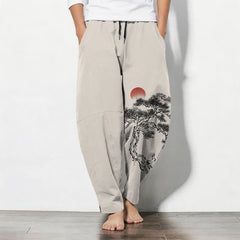 Buddha Stones Pure Cotton Ink Pine Tree Red Sun Pattern Drawstring Men's Tapered Pants With Pockets - Linen - US/UK/AU50，EU60 (5XL) - image 0