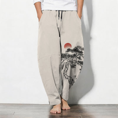 Buddha Stones Pure Cotton Ink Pine Tree Red Sun Pattern Drawstring Men's Tapered Pants With Pockets - Linen - US/UK/AU50，EU60 (5XL) - image 0