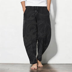 Buddha Stones Pure Cotton Mystic Dragon Wave Pattern Drawstring Men's Tapered Pants With Pockets - Black - US/UK/AU50，EU60 (5XL) - image 0