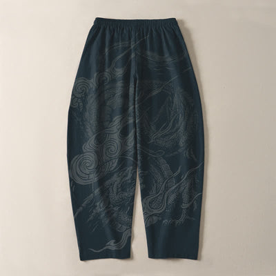 Buddha Stones Pure Cotton Mystic Dragon Wave Pattern Drawstring Men's Tapered Pants With Pockets - image 10