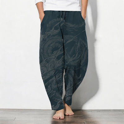 Buddha Stones Pure Cotton Mystic Dragon Wave Pattern Drawstring Men's Tapered Pants With Pockets - DarkSlateGray - US/UK/AU50，EU60 (5XL) - image 7