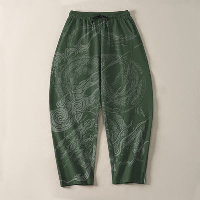 Buddha Stones Pure Cotton Mystic Dragon Wave Pattern Drawstring Men's Tapered Pants With Pockets - image 13