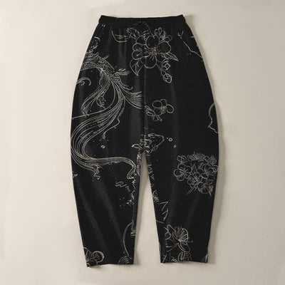Buddha Stones Pure Cotton Koi Floral Wave Pattern Drawstring Men's Tapered Pants With Pockets - image 2