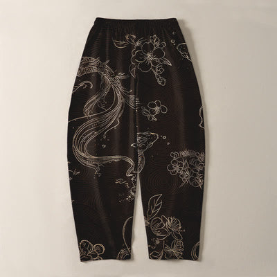 Buddha Stones Pure Cotton Koi Floral Wave Pattern Drawstring Men's Tapered Pants With Pockets - image 10