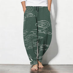 Buddha Stones Pure Cotton Auspicious Cloud Crane Pattern Drawstring Men's Tapered Pants With Pockets - MediumSeaGreen - US/UK/AU50，EU60 (5XL) - image 0