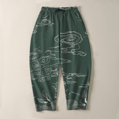 Buddha Stones Pure Cotton Auspicious Cloud Crane Pattern Drawstring Men's Tapered Pants With Pockets - image 2