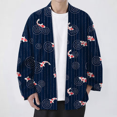 Buddha Stones Cotton Koi Ripple Pattern Open Front Men's Kimono - Navy - US/UK/AU48，EU58 (4XL) - image 0