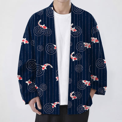 Buddha Stones Cotton Koi Ripple Pattern Open Front Men's Kimono - Navy - US/UK/AU48，EU58 (4XL) - image 0