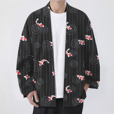 Buddha Stones Cotton Koi Ripple Pattern Open Front Men's Kimono - Black - US/UK/AU48，EU58 (4XL) - image 6