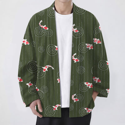 Buddha Stones Cotton Koi Ripple Pattern Open Front Men's Kimono - DarkOliveGreen - US/UK/AU48，EU58 (4XL) - image 9