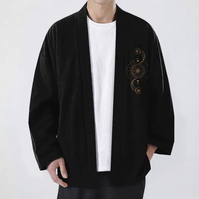 Buddha Stones Cotton Celestial Moon Phase Sun Pattern Open Front Men's Kimono - Black - US/UK/AU48，EU58 (4XL) - image 6