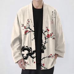 Buddha Stones Cotton Ink Plum Blossom Pattern Open Front Men's Kimono - Beige - US/UK/AU48，EU58 (4XL) - image 0