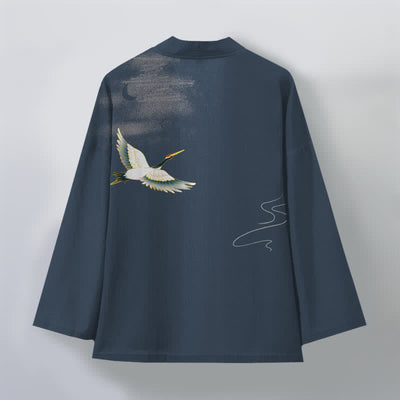 Buddha Stones Cotton Crane Moon Waves Pattern Open Front Men's Kimono - image 2