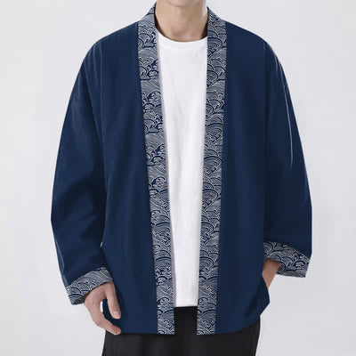 Buddha Stones Cotton Ocean Wave Trim Pattern Open Front Men's Kimono - Navy - US/UK/AU48，EU58 (4XL) - image 0