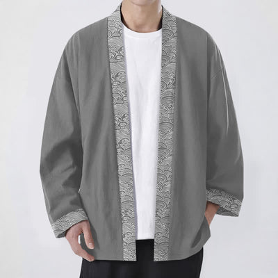 Buddha Stones Cotton Ocean Wave Trim Pattern Open Front Men's Kimono - Gray - US/UK/AU48，EU58 (4XL) - image 6