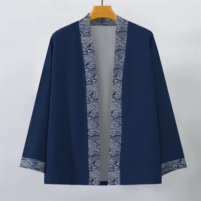 Buddha Stones Cotton Ocean Wave Trim Pattern Open Front Men's Kimono - image 1