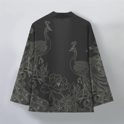 Buddha Stones Cotton Peacock Peony Line Art Pattern Open Front Men's Kimono - image 2