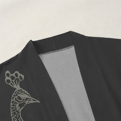 Buddha Stones Cotton Peacock Peony Line Art Pattern Open Front Men's Kimono - image 3