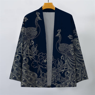 Buddha Stones Cotton Peacock Peony Line Art Pattern Open Front Men's Kimono - image 7