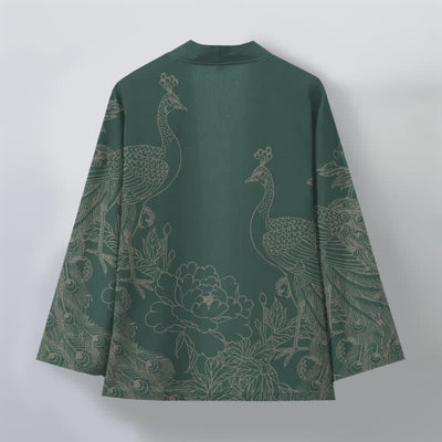 Buddha Stones Cotton Peacock Peony Line Art Pattern Open Front Men's Kimono - image 11