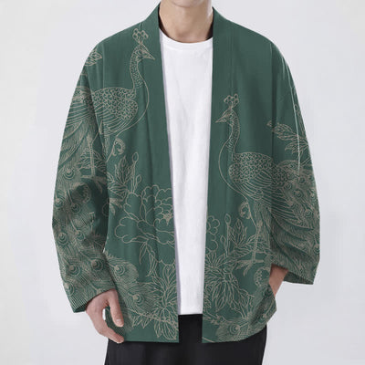 Buddha Stones Cotton Peacock Peony Line Art Pattern Open Front Men's Kimono - MediumSeaGreen - US/UK/AU48，EU58 (4XL) - image 9