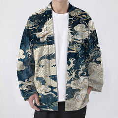 Buddha Stones Cotton Celestial Dragon Swirl Cloud Pattern Open Front Men's Kimono - Navy - US/UK/AU48，EU58 (4XL) - image 0