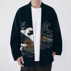 Buddha Stones Cotton Flowing Ocean Wave Pattern Open Front Men's Kimono - Black - US/UK/AU48，EU58 (4XL) - image 0