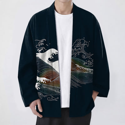 Buddha Stones Cotton Flowing Ocean Wave Pattern Open Front Men's Kimono - Black - US/UK/AU48，EU58 (4XL) - image 0