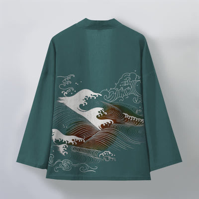 Buddha Stones Cotton Flowing Ocean Wave Pattern Open Front Men's Kimono - image 8