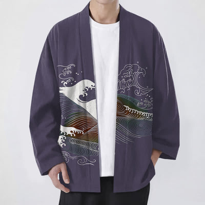 Buddha Stones Cotton Flowing Ocean Wave Pattern Open Front Men's Kimono - DarkSlateBlue - US/UK/AU48，EU58 (4XL) - image 9