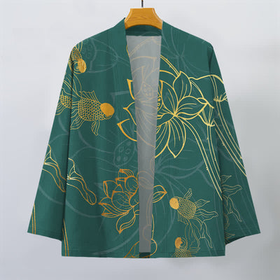 Buddha Stones Cotton Koi Lotus Pattern Open Front Men's Kimono - image 1