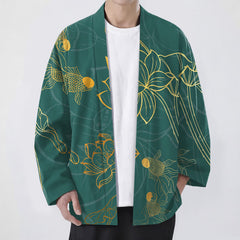 Buddha Stones Cotton Koi Lotus Pattern Open Front Men's Kimono - MediumSeaGreen - US/UK/AU48，EU58 (4XL) - image 0