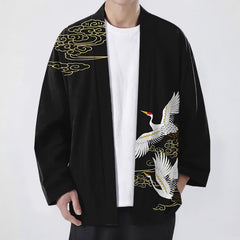 Buddha Stones Cotton White Crane Auspicious Cloud Pattern Open Front Men's Kimono - Black - US/UK/AU48，EU58 (4XL) - image 0
