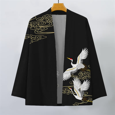 Buddha Stones Cotton White Crane Auspicious Cloud Pattern Open Front Men's Kimono - image 1