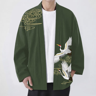 Buddha Stones Cotton White Crane Auspicious Cloud Pattern Open Front Men's Kimono - DarkOliveGreen - US/UK/AU48，EU58 (4XL) - image 6