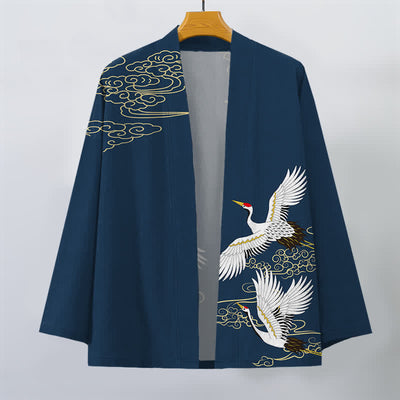 Buddha Stones Cotton White Crane Auspicious Cloud Pattern Open Front Men's Kimono - image 10