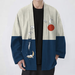 Buddha Stones Cotton Cat Sun Crescent Pattern Open Front Men's Kimono - Navy - US/UK/AU48，EU58 (4XL) - image 0