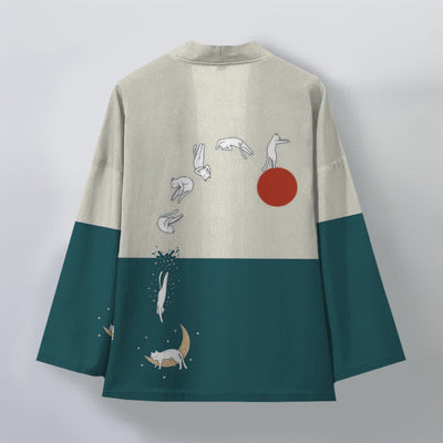 Buddha Stones Cotton Cat Sun Crescent Pattern Open Front Men's Kimono - image 11