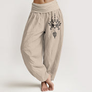 Foviel Pure Cotton Zen Lotus Geometry Pattern Women's Elastic Waist Harem Pants