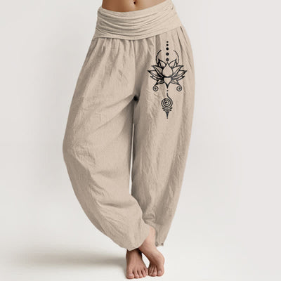 Buddha Stones Pure Cotton Zen Lotus Geometry Pattern Women's Elastic Waist Harem Pants - Tan - US16，UK/AU20，EU48 (3XL) - image 11