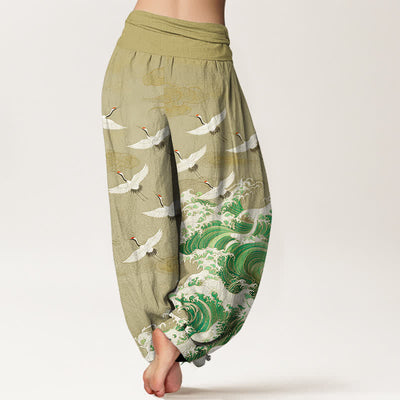Buddha Stones Cotton White Crane Sea Wave Pattern Women's Elastic Waist Harem Pants - image 7