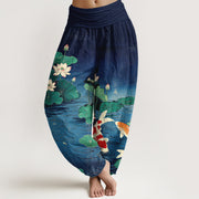 Foviel Cotton Blooming Lotus Koi Pattern Women's Elastic Waist Harem Pants