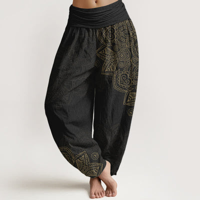 Buddha Stones Cotton Vintage Mandala Vine Pattern Women's Elastic Waist Harem Pants - Black - US16，UK/AU20，EU48 (3XL) - image 0
