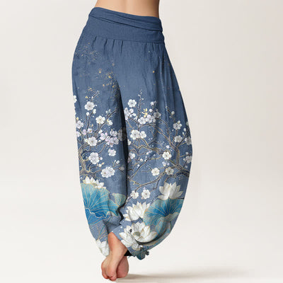 Buddha Stones Cotton Botanical Lotus Flower Pattern Women's Elastic Waist Harem Pants - image 7