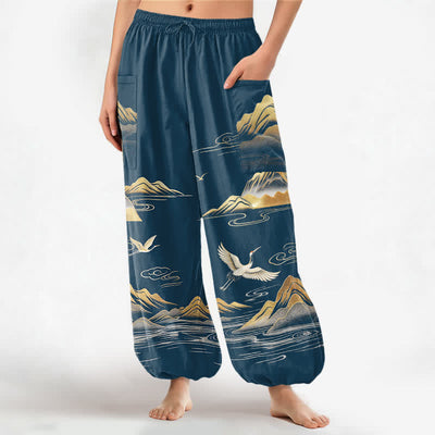 Buddha Stones Cotton Serene Landscape Crane Pattern Women's Elastic Waist Harem Pants With Side Pockets - SteelBlue - US16，UK/AU20，EU48 (3XL) - image 7