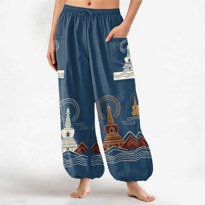 Buddha Stones Cotton Vintage Pagoda Scenic Pattern Women's Elastic Waist Harem Pants With Side Pockets - SteelBlue - US16，UK/AU20，EU48 (3XL) - image 0