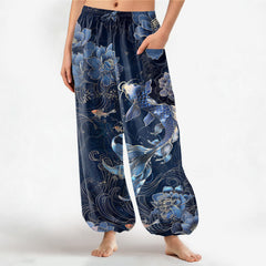 Buddha Stones Cotton Artistic Koi Peony Pattern Women's Elastic Waist Harem Pants With Side Pockets - Navy - US16，UK/AU20，EU48 (3XL) - image 0