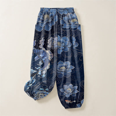 Buddha Stones Cotton Artistic Koi Peony Pattern Women's Elastic Waist Harem Pants With Side Pockets - image 4