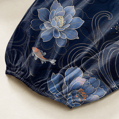 Buddha Stones Cotton Artistic Koi Peony Pattern Women's Elastic Waist Harem Pants With Side Pockets - image 6