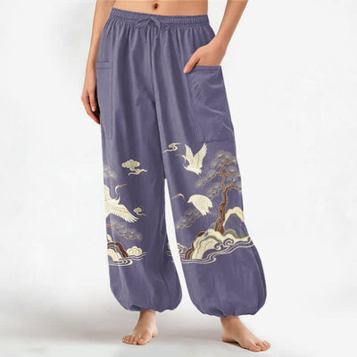 Buddha Stones Cotton Oriental Crane Pine Pattern Women's Elastic Waist Harem Pants With Side Pockets - MediumPurple - US16，UK/AU20，EU48 (3XL) - image 10